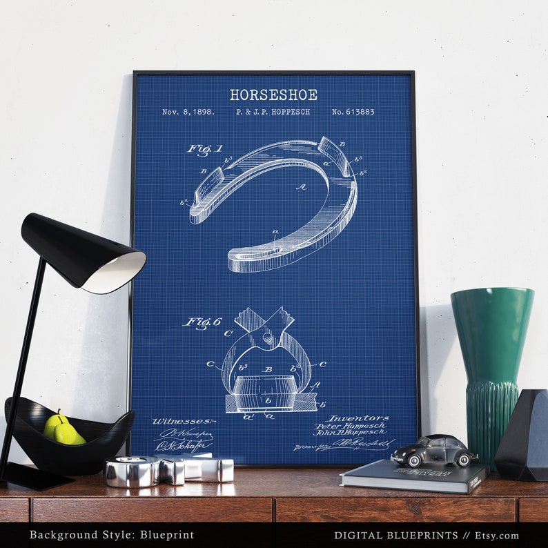 May include: A blueprint style illustration of a horseshoe patent design. The patent is for a horseshoe designed by P. & J. P. Hoppesech and was filed on November 8, 1898. The patent number is 613883.