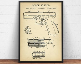 Impression brevet pistolet Glock, plan d'arme de poing semi-automatique, cadeau police, art déco mural armurerie, affiche d'arme à feu de tireur d'élite