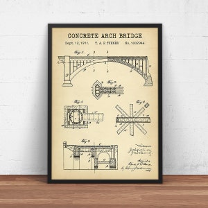 Puede incluir: Un dibujo de patente vintage para un puente de arco de hormigón, fechado el 12 de septiembre de 1911. El dibujo muestra un plano detallado del puente, incluyendo su construcción y diseño. El número de patente es 1002944.