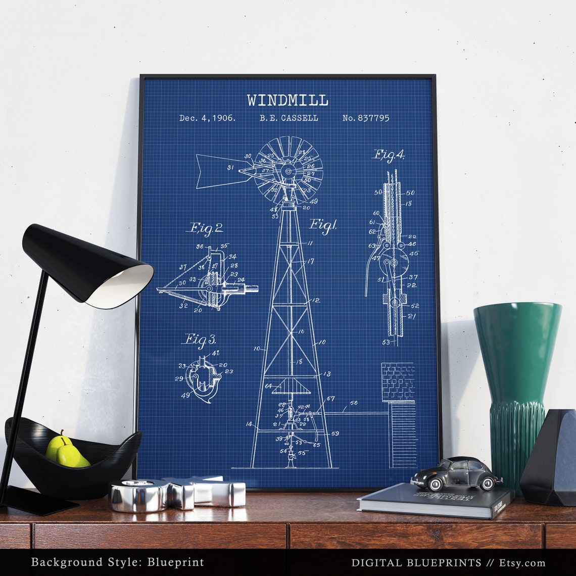 Windmill Patent Print Antique Windmill Blueprint Farm Wall | Etsy