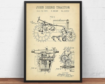 John Deere Tractor Patent Print,  Tractor Blueprint, Farmhouse Decor, Rustic Farm Wall Art, Agriculture Prints Farmer Gifts