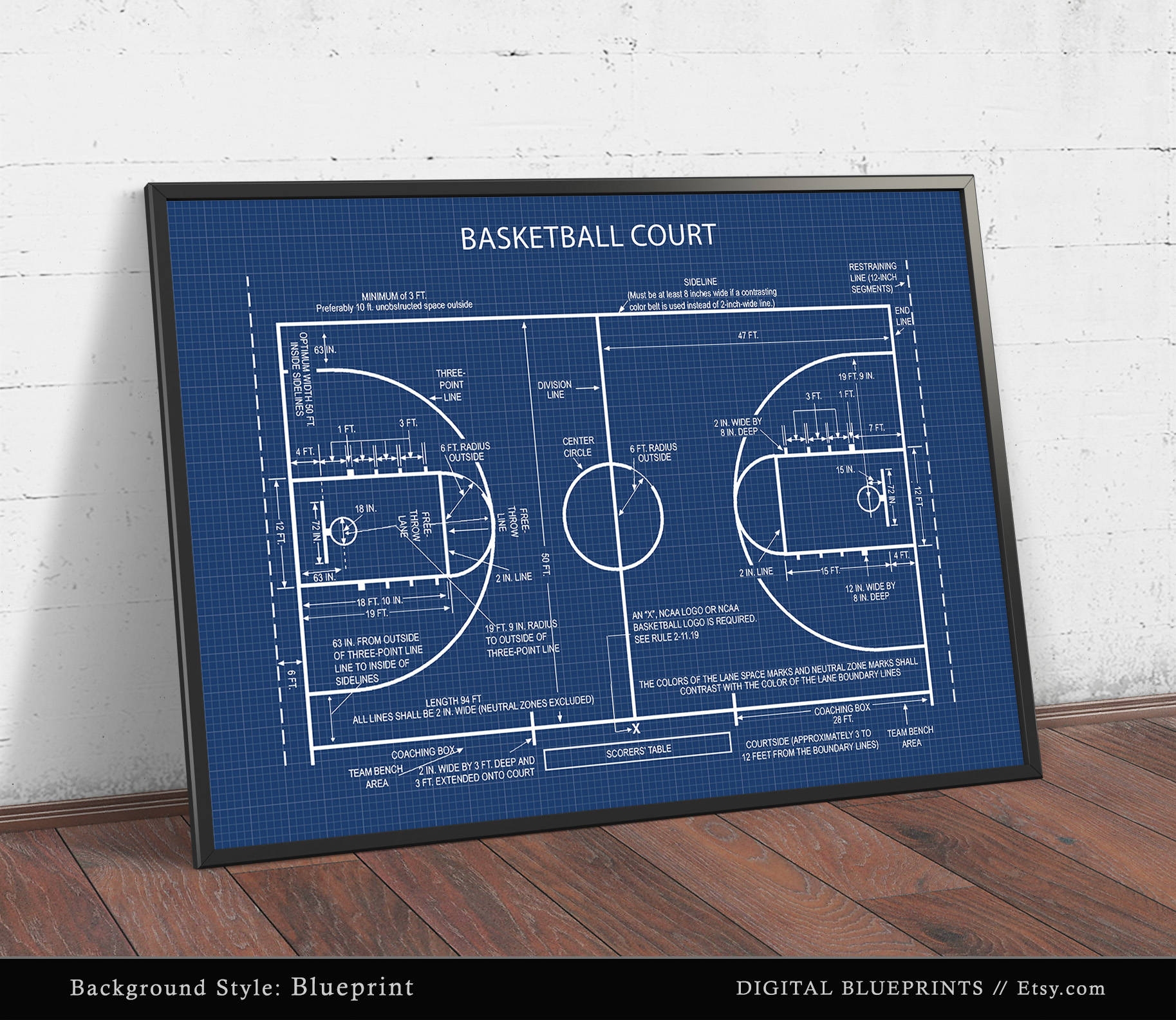 Basketball Court Blueprint Art Digital Download Basketball Etsy