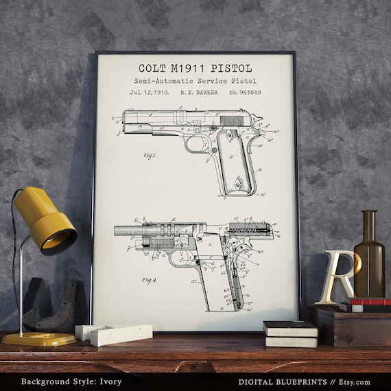 M1911ピストルの特許図面、半自動拳銃の設計図、銃器ポスター、銃の
