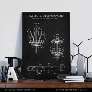Może przedstawiać: Czarno-biała ilustracja rysunku patentowego pułapki na latający dysk na tle tablicy. Patent został złożony 20 grudnia 1988 roku, a numer patentu to 4792143. Rysunek przedstawia trzy r&oacute;żne widoki wynalazku.