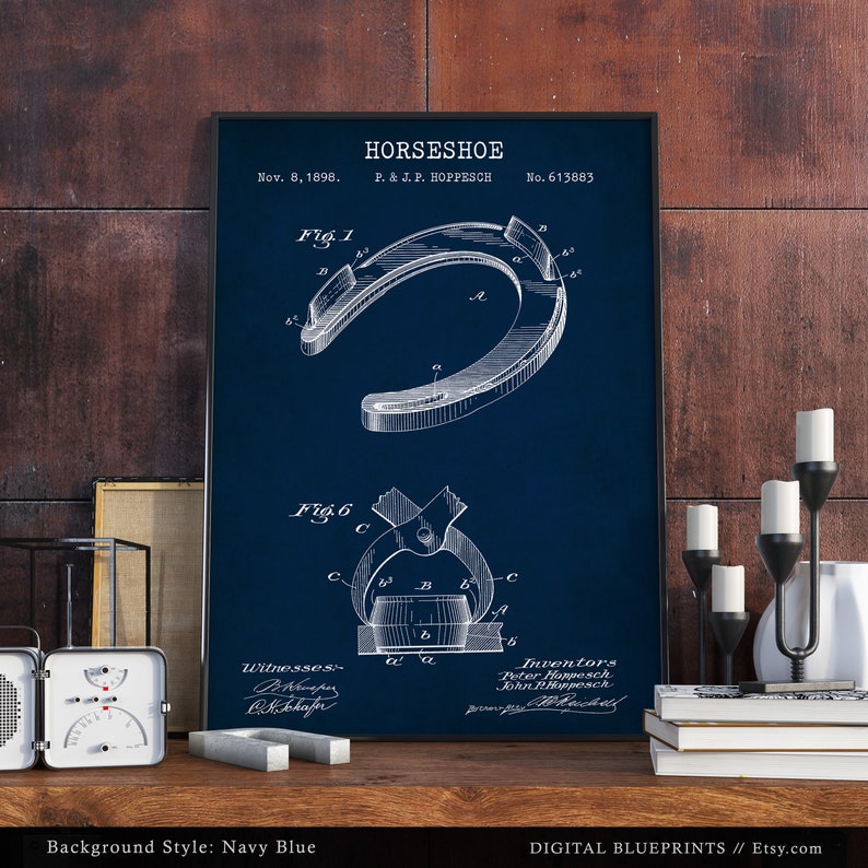 May include: A vintage patent drawing of a horseshoe design on a navy blue background. The drawing shows the horseshoe in detail, with labels for each part. The patent information is included: "HORSESHOE", "Nov. 8, 1898", "P. & J. P. HOPPESCH", "No. 613883".