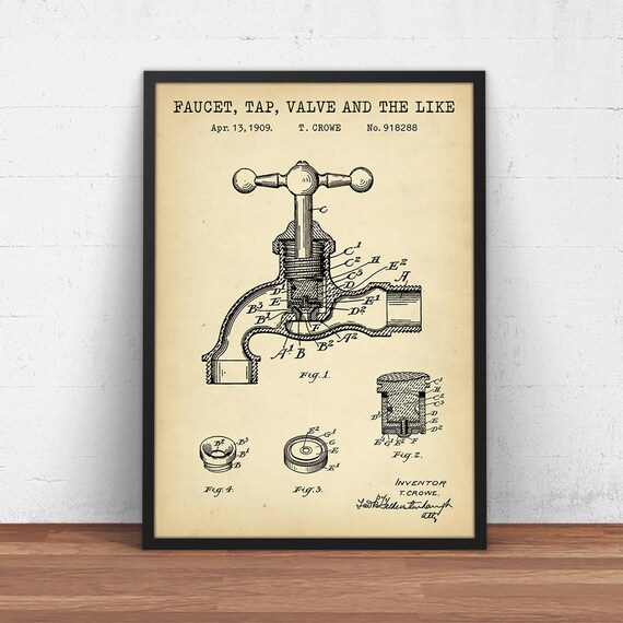 Restroom Decor Faucet Valve Tap And The Like Patent Print Digital Download Blueprint Art Powder Room Decor Restroom Printables Faucet