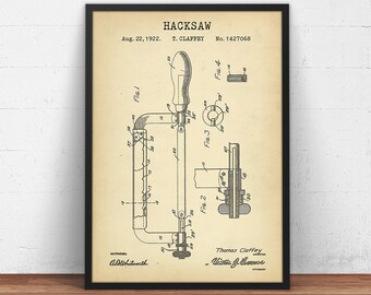 Patentdruck einer Metallsäge, Vintage-Werkzeuge, Wanddeko für die Garage, Werkstattdeko, Metallsäge, Geschenk für Klempner, Schreinergeschenke, Sanitärinstallation, Holzbearbeitung