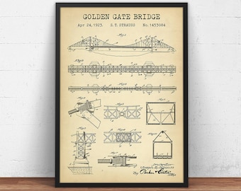 May include: A vintage patent drawing for the Golden Gate Bridge, dated April 24, 1923, with the patent number 1453084. The drawing shows a detailed blueprint of the bridge's structure, including the suspension cables, towers, and roadway.