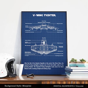 V-Wing Fighter,  Blueprint Art, Star Wars Poster Print, Science Fiction Wall Art, Star Wars Fan Gift, Movie Decor
