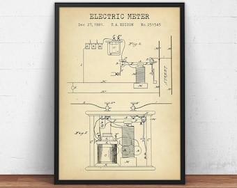電気メーターの特許プリント、科学ギフト、トーマス・エジソン、工業用装飾、電気技師、電気技師へのギフト