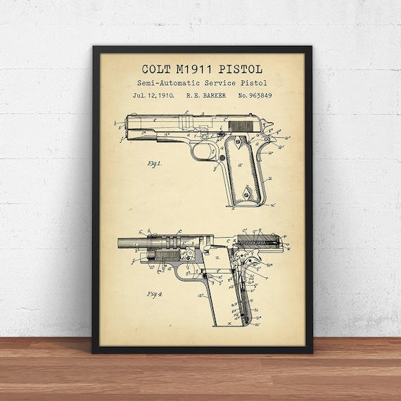 ブローニングM1911コルト45特許プリント、半自動拳銃の設計図、銃器