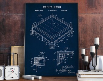 Affiche de boxe avec motif de ring, impression de brevet, décoration murale pour club de boxe, cadeau pour fan de boxe, décoration pour salle de sport