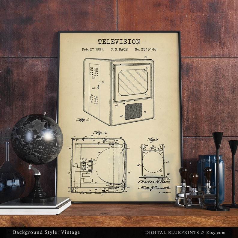 May include: Vintage black and white blueprint style illustration of a television patent. The patent is titled "TELEVISION" and includes the inventor's name, Charles N. Bace, and the patent number, 2,543,146. The patent date is February 27, 1951.