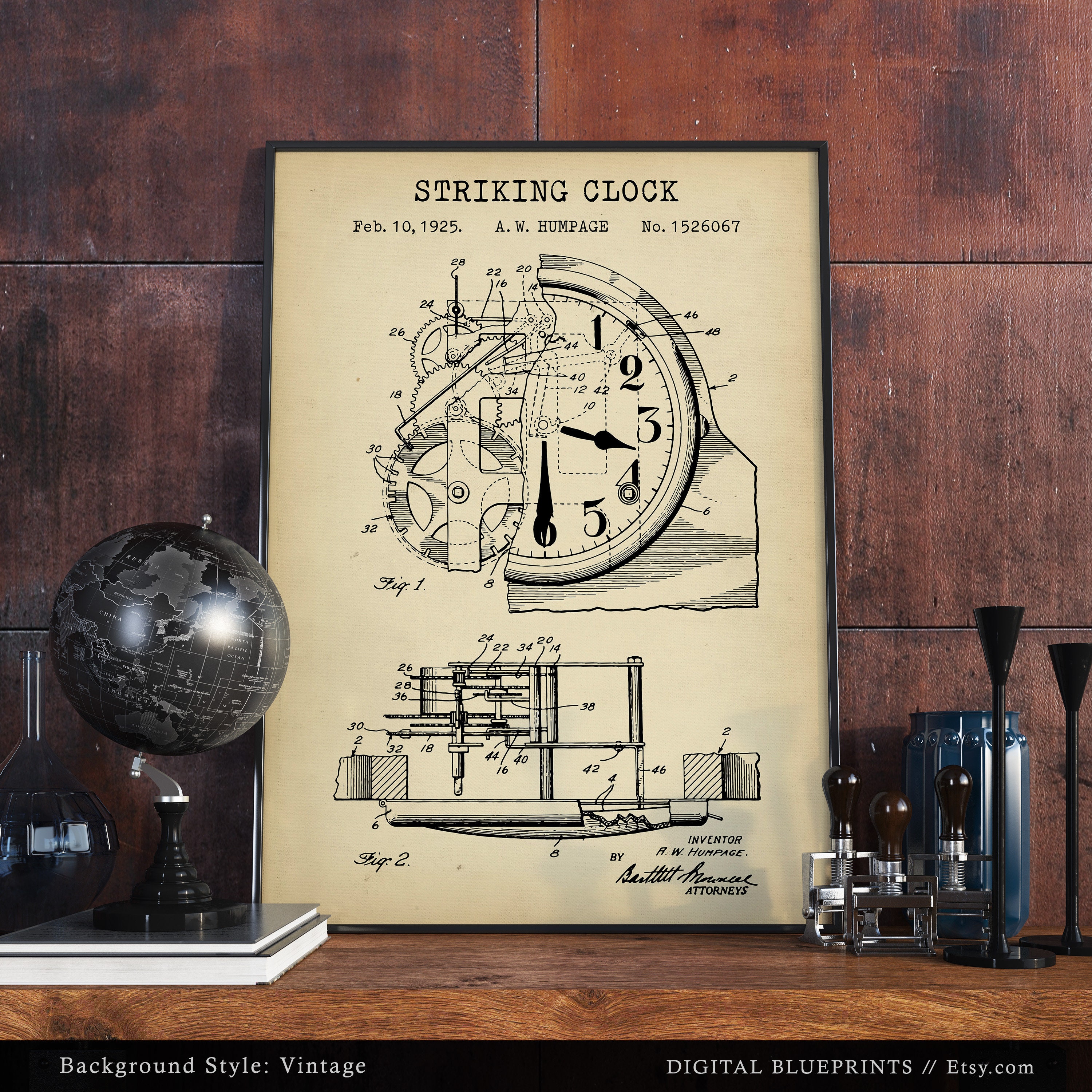Striking Clock Patent Print, 1925 Clock Illustration, Horology Wall Art ...