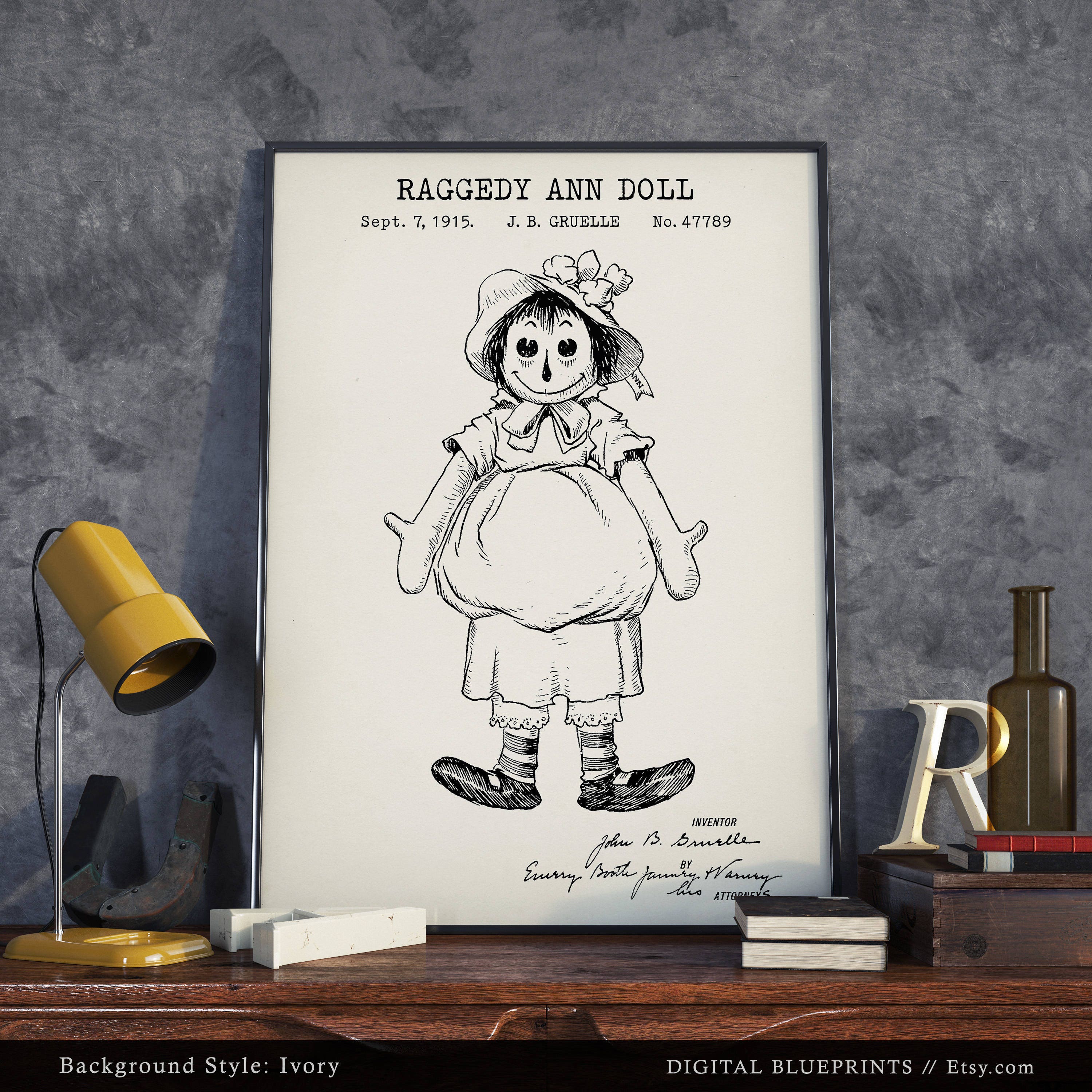 Raggedy Ann Doll Patent, Vintage Doll Blueprint, Kids Room