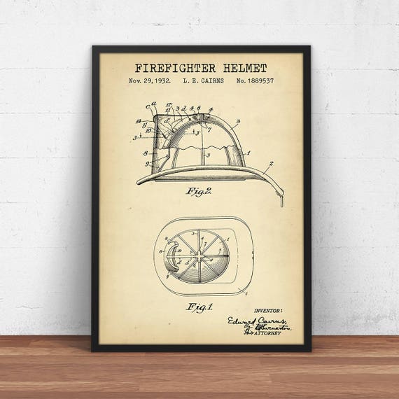 Cairns Fireman Helmet Patent Print Old Look
