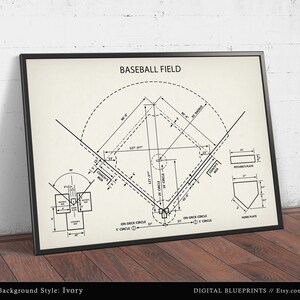 Puede incluir: Un dibujo en blanco y negro de un campo de b&eacute;isbol con dimensiones etiquetadas en pies. El fondo es marfil. El t&iacute;tulo "BASEBALL FIELD" est&aacute; en la parte superior de la imagen.
