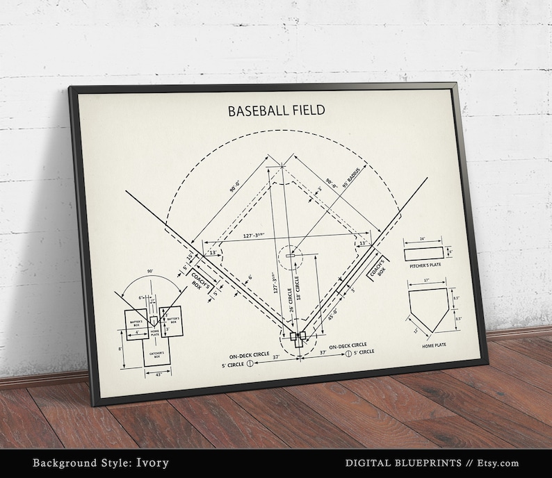Puede incluir: Un dibujo en blanco y negro de un campo de b&eacute;isbol con dimensiones etiquetadas en pies. El fondo es marfil. El t&iacute;tulo "BASEBALL FIELD" est&aacute; en la parte superior de la imagen.