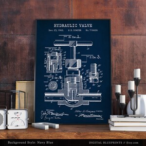 May include: A vintage blueprint illustration of a hydraulic valve, patent number 716626, dated December 23, 1902. The blueprint is on a navy blue background.