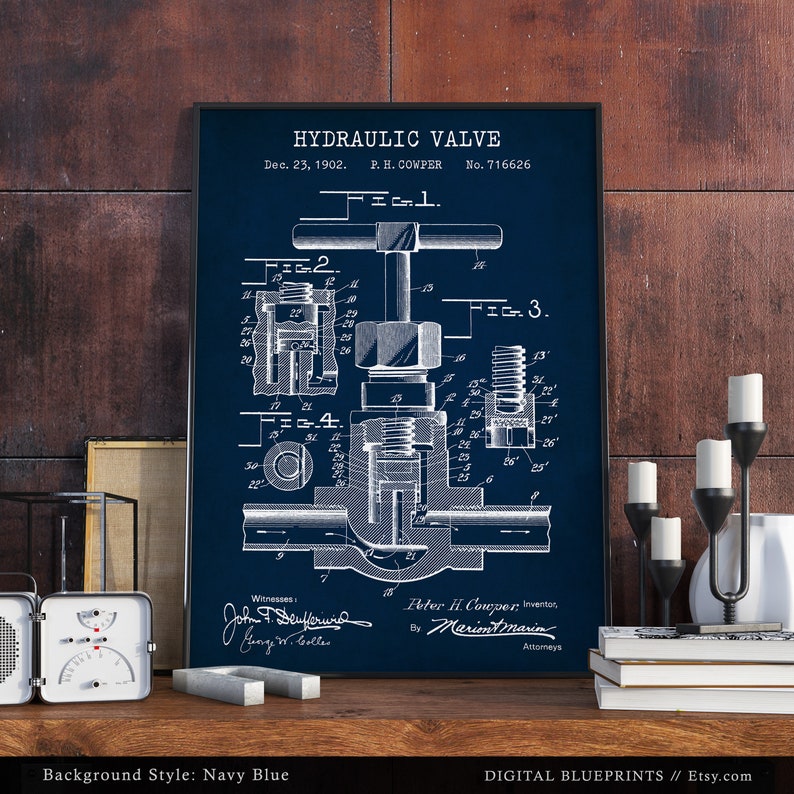 May include: A vintage blueprint illustration of a hydraulic valve, patent number 716626, dated December 23, 1902. The blueprint is on a navy blue background.