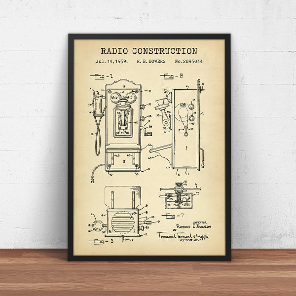 Radio constructie patent print, oude telefoon poster print, vintage telefoon blauwdruk, telefooncel muur kunst radio decor