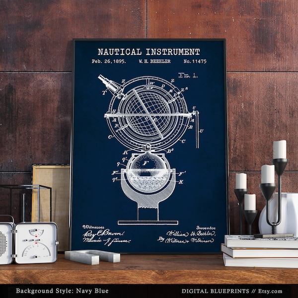 Nautical Observation Instrument Patent Print,  Naval Wall Art, Latitude, Longitude, Naval Instrument Design, Marine Decor