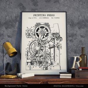 Printing Press 1914 Patent Print, Office Wall Art, Steampunk Art, Printing House Decor, Writers Journalist Gifts, Printer image 2