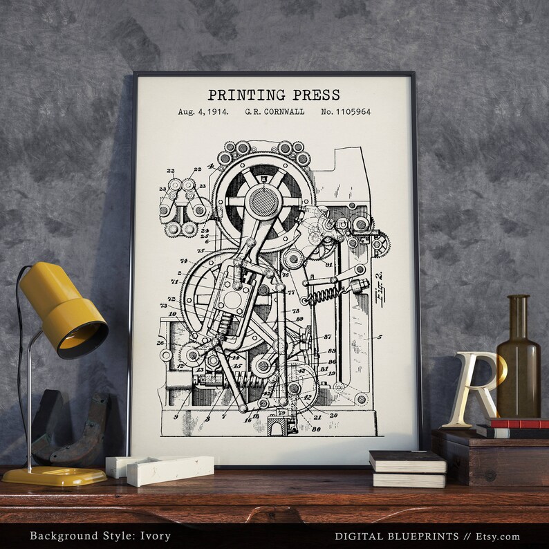 Printing Press 1914 Patent Print, Office Wall Art, Steampunk Art, Printing House Decor, Writers Journalist Gifts, Printer image 2