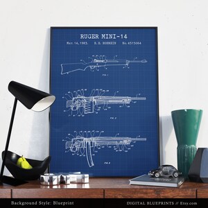 Op de afbeelding: Een poster in blauwdrukstijl van een patenttekening voor een Ruger Mini-14 geweer. Het patentnummer is 4515064 en de datum is 14 maart 1983. Het patent is aangevraagd door H.E. Hohrein.