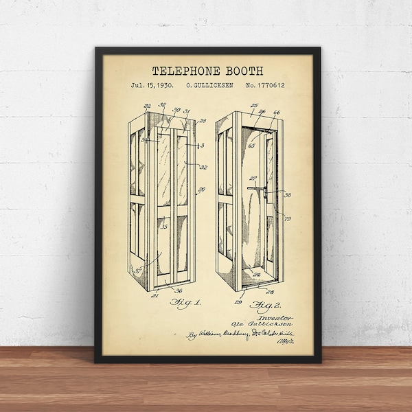 Telephone Booth Patent ,  Telephone Box, Phone Booth Design Print, Blueprint Wall Art, Man Cave Decor, Vintage Telephone