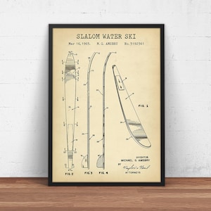 Slalom Water Ski Patent Print, Vintage Skiing Board Blueprint, Water Sports Wall Art, Sea Poster Print, Beach House Decor, Skier Gifts