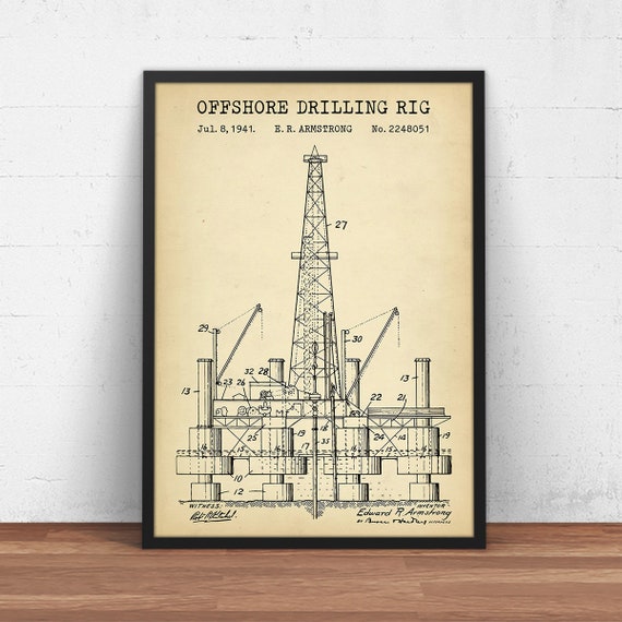 Offshore Drilling Rig Patent Print, Oil Derrick Blueprint