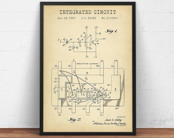 May include: A black and white vintage patent drawing for an integrated circuit. The drawing shows a schematic diagram of the circuit, with labels for various components. The patent is dated December 24, 1963, and was filed by J.S. Kilby. The patent number is 3115581.