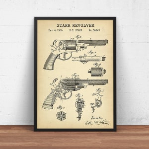 Starr Revolver, Gun Patent Print, Double Action Revolver, Handgun Blueprint Art, Weapon Design, Firearm Wall Art Decor image 1