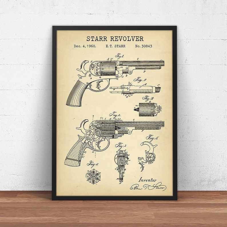 Starr Revolver, Gun Patent Print, Double Action Revolver, Handgun Blueprint Art, Weapon Design, Firearm Wall Art Decor image 1