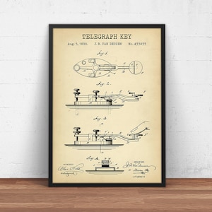 Telegraph Keys 1890 Patent Print,  Office Decor, Nerd Gift, Telegraph Patent Poster, Morse Coding Telegraphy Wall Art Decor