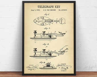 Telegraph Keys 1890 Patent Print,  Office Decor, Nerd Gift, Telegraph Patent Poster, Morse Coding Telegraphy Wall Art Decor