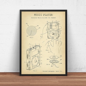 May include: A black and white line drawing of a music player patent. The patent is titled "Music Player" and was patented on March 25, 2008. The patent number is 7348967. The patent shows different views of the music player, including a side view, a top view, and a close-up of the controls.