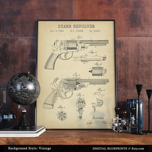 Starr Revolver, Gun Patent Print, Double Action Revolver, Handgun Blueprint Art, Weapon Design, Firearm Wall Art Decor image 4