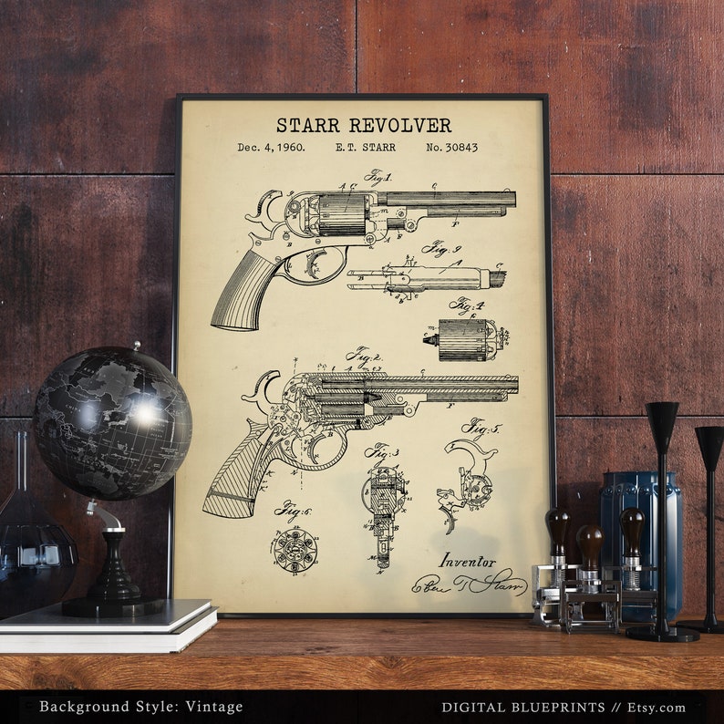 Starr Revolver, Gun Patent Print, Double Action Revolver, Handgun Blueprint Art, Weapon Design, Firearm Wall Art Decor image 4