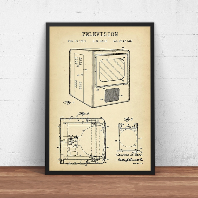 May include: A vintage black and white patent drawing for a television set. The drawing shows a front view of the television, a side view of the television, and a close-up of the television's internal components. The patent is dated February 27, 1951, and is titled "TELEVISION". The inventor is listed as C.N. Bace.