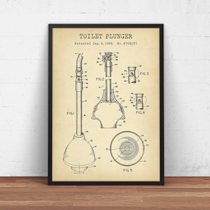 Toilet Plunger Patent Print, Bathroom Decor, Gift for Plumber, Toilet Wall Art, Vintage Toilet Plunger Blueprint, Restroom Poster Print