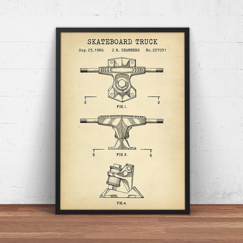 May include: A vintage patent drawing for a skateboard truck, showing four different views of the truck. The patent was filed on September 23, 1980, by J.R. Chambers and assigned the number 257051.