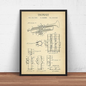 Trumpet Patent Print,  Musician Wall Art, Trumpet Poster Print, Music Room Decor, Music Teacher Gifts Trumpet Blueprint