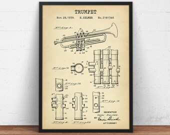 Trumpet Patent Print,  Musician Wall Art, Trumpet Poster Print, Music Room Decor, Music Teacher Gifts Trumpet Blueprint