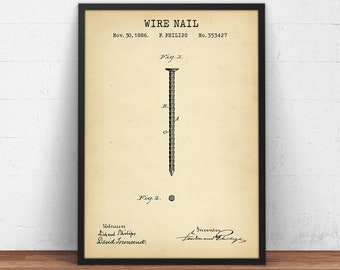 Op de afbeelding: Een vintage patenttekening voor een draadnagel, gedateerd 30 november 1886. De tekening toont een zijaanzicht van de spijker met de tekst "WIRE NAIL", "Nov. 30, 1886", "F. PHILIPS", "No. 353427", "Fig. 1", "Fig. 2", "B", "4", "Witnesses", "Richard Philips", "David Townsend", "Inventor", "Loutin and Philips".
