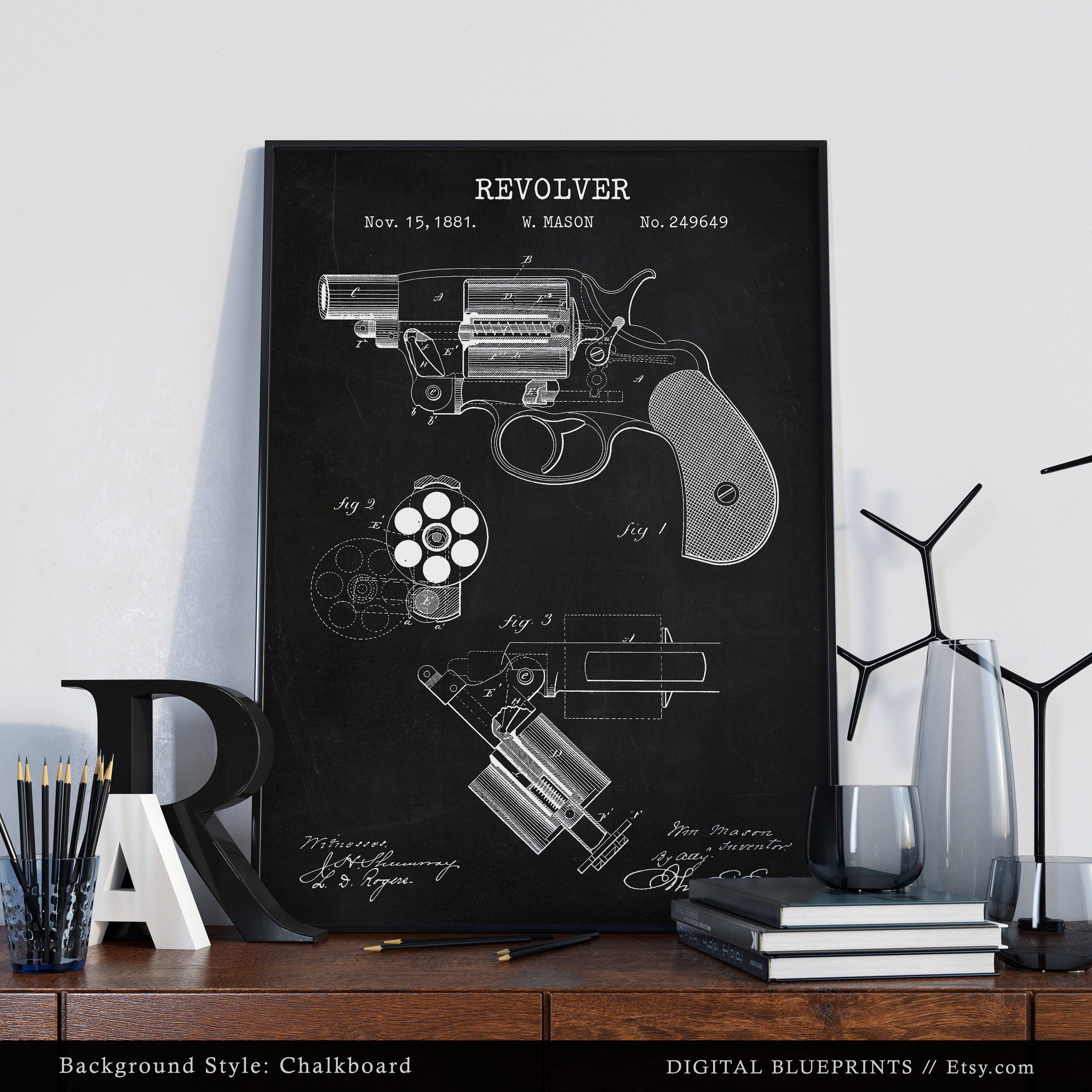 メイソン リボルバー 1881 特許印刷物、コルト M1889 ハンドガンの設計