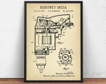 Electric Drill Patent Art Print,  Electric Hand Drill, Wall Art Decor, Tool Poster Print, Handyman Gift, Wood Worker