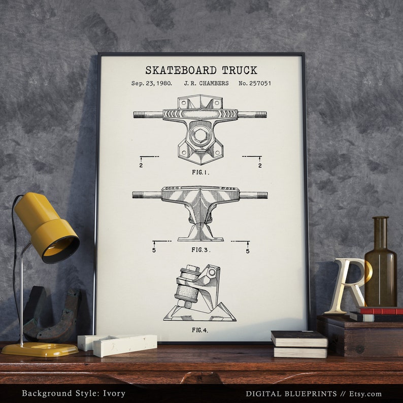 May include: A black and white vintage patent drawing of a skateboard truck. The drawing shows four different views of the truck, labeled "Fig. 1", "Fig. 3", and "Fig. 4". The patent information reads "SKATEBOARD TRUCK", "Sep. 23, 1980", "J. R. CHAMBERS", and "No. 257051".