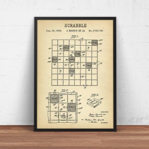 Scrabble Patent Print,  Scrabble Board Game Blueprint, Game Room Decor, Birthday Gifts, Word Game Poster Print Wall Art